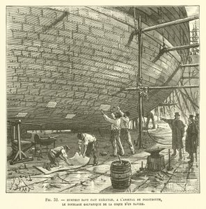Humphry Davy laat de galvanische bekleding van de romp van een schip uitvoeren in het arsenaal van Portsmouth door French School